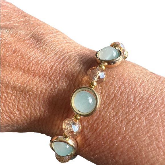 Handmade Light Blue and Gold Beaded Bracelet - Picture 2 of 4